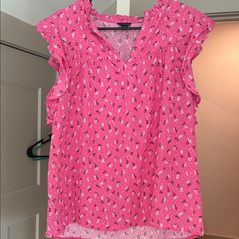 Ann Taylor Pink Floral Blouse with Ruffle Sleeves